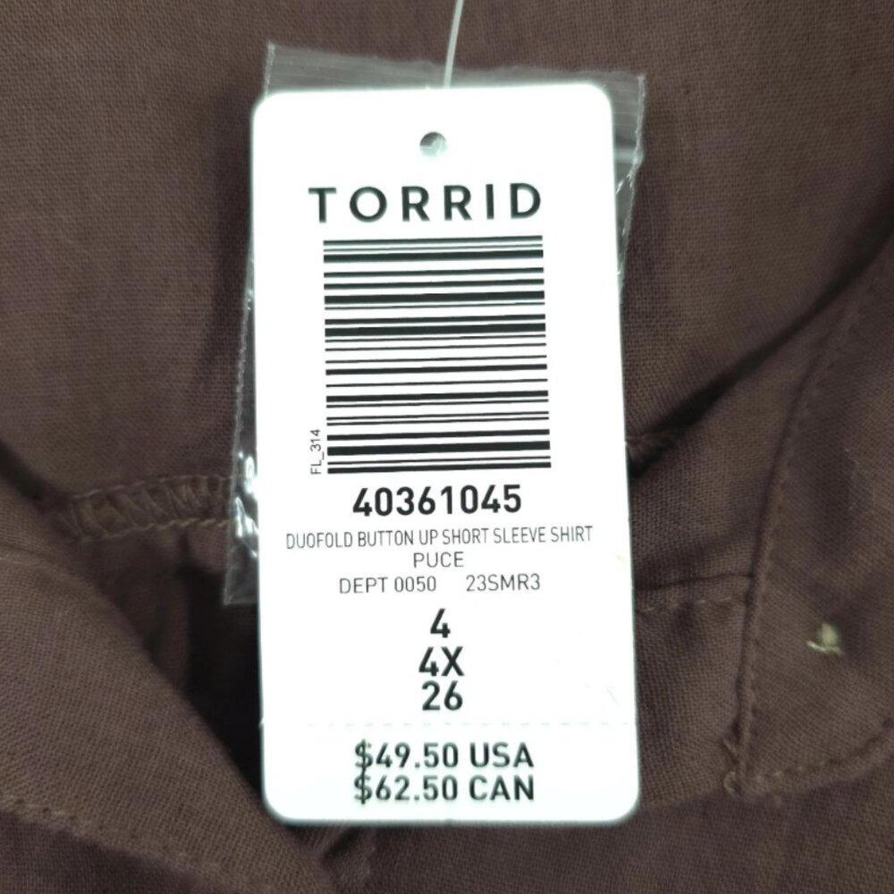 NWT TORRID WOMEN'S PLUS SIZE 4X DUOFOLD BUTTON UP SHORT SLEEVE BROWN SHIRT PUCE - Picture 5 of 8